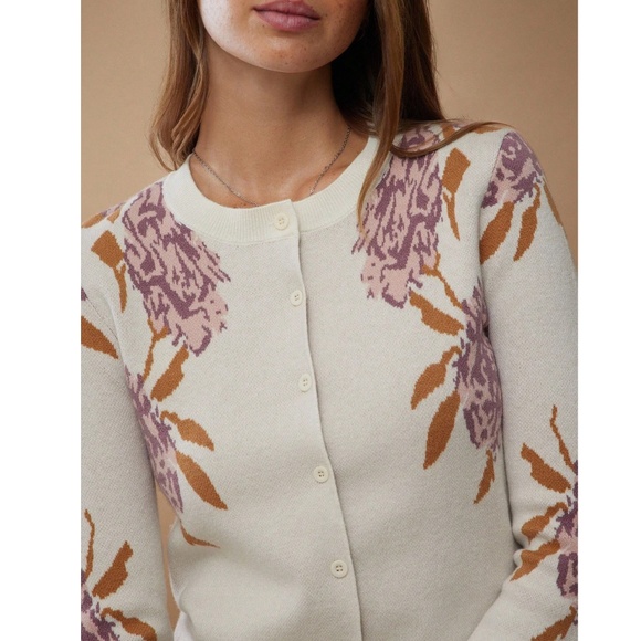 Floral Off White Knit Button Down Cardigan Long Sleeve - Picture 3 of 7